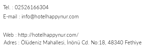 Happy Nur Hotel telefon numaralar, faks, e-mail, posta adresi ve iletiim bilgileri
